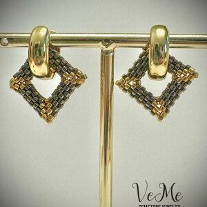 Gold and Gray Beaded Earrings